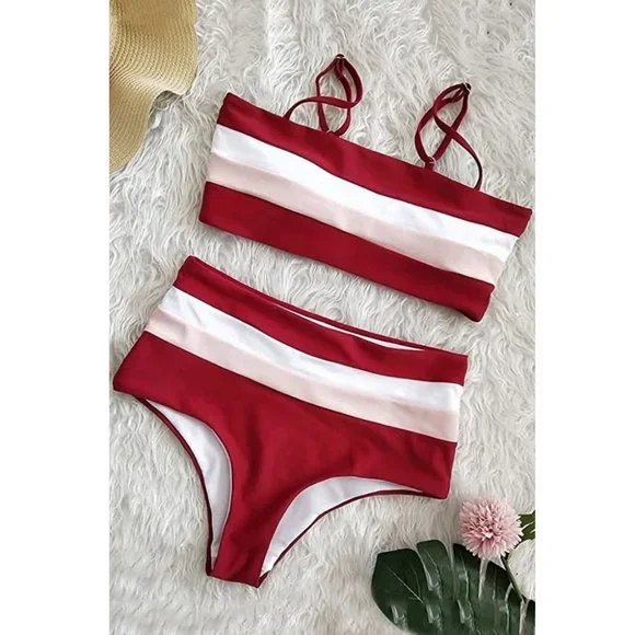 High-Waisted Colorblock Bandeau Bikini Set in Red - Picture 6 of 12